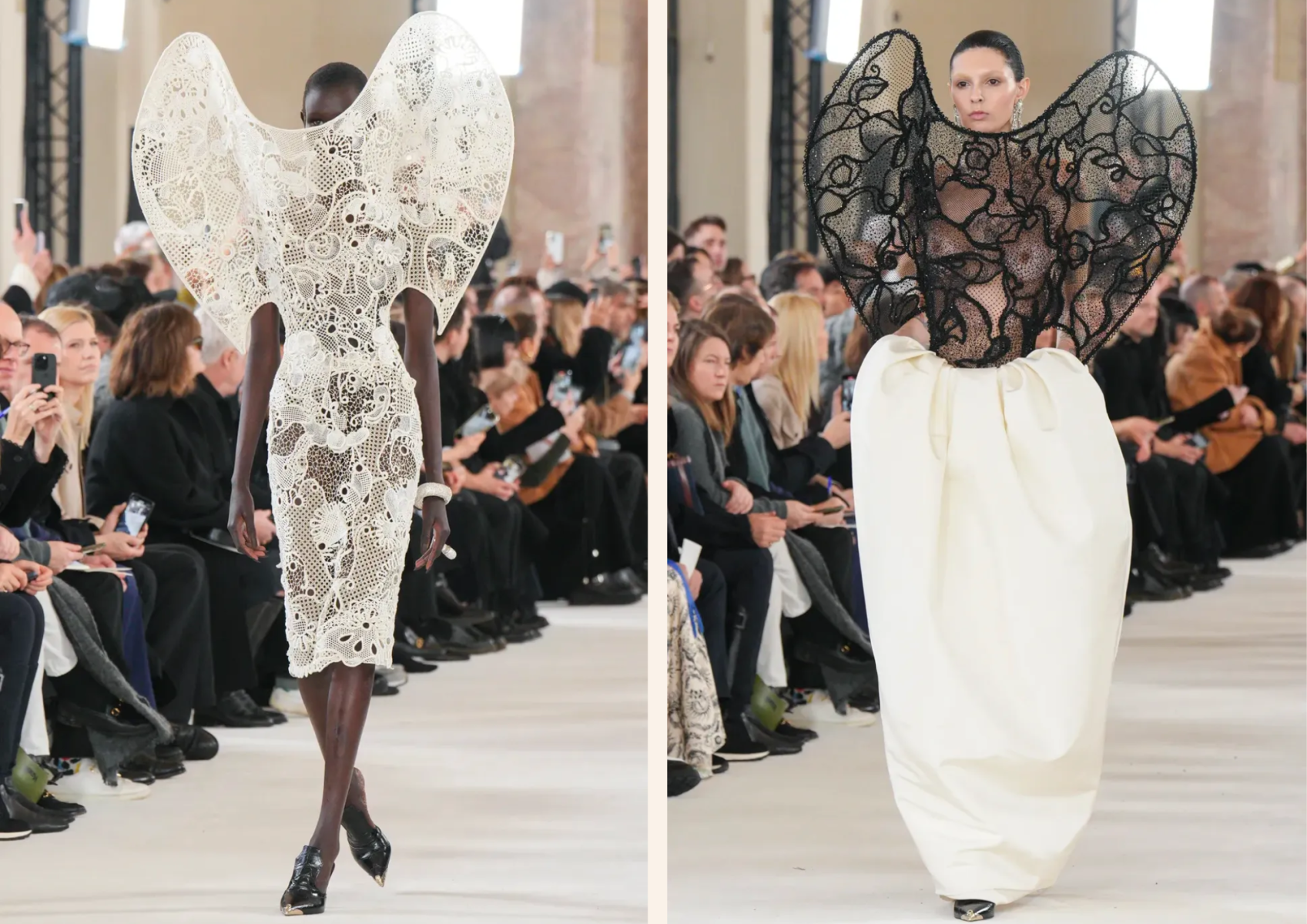 Formas arquitectónicas extravagantes en los vestidos y piezas superiores, en combinación con encajes. 
