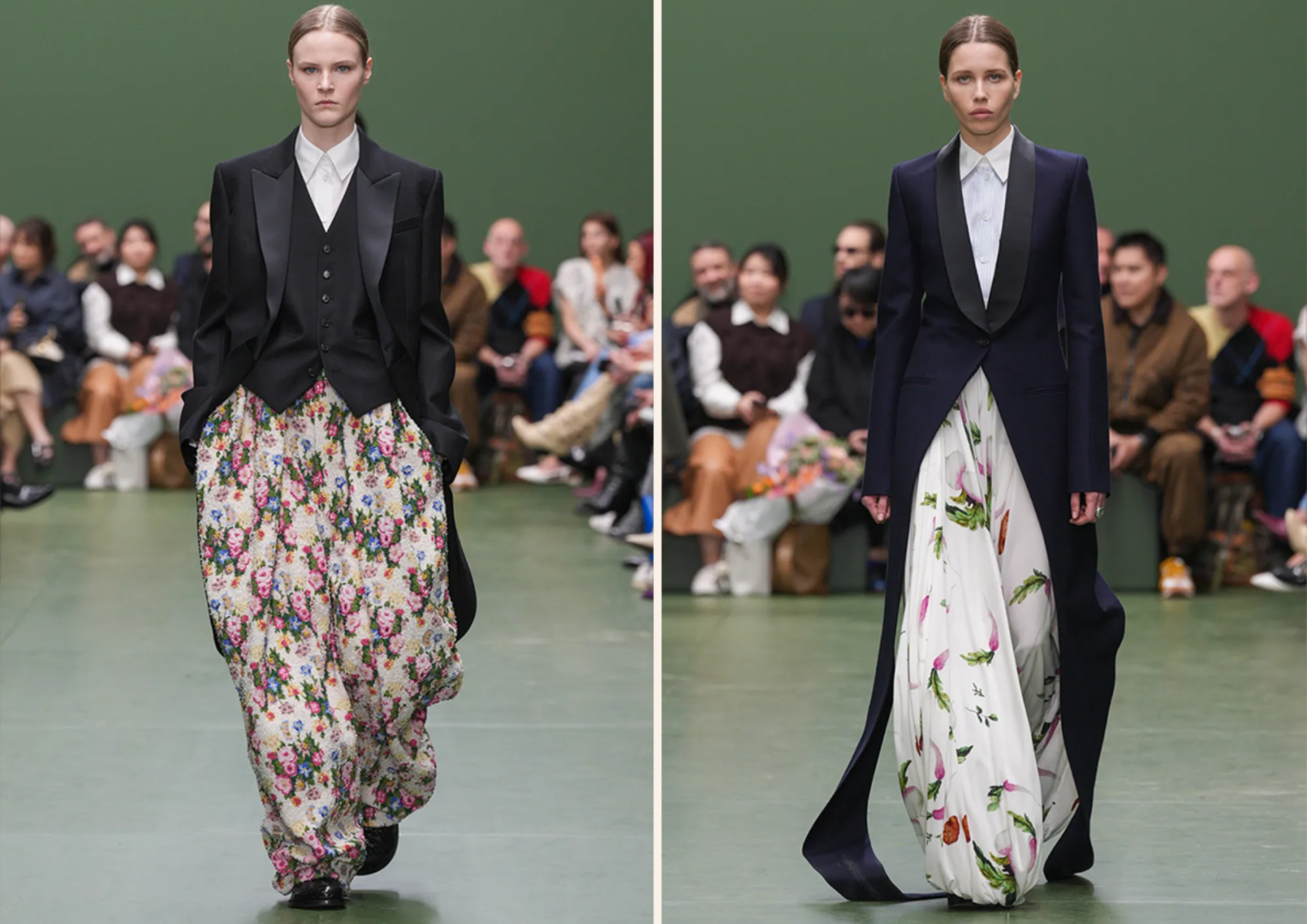 Con capas de esmoquin hasta vestidos asimétricos que cubren casi en su totalidad el cuerpo, Loewe difumina las líneas entre lo femenino y lo masculino.