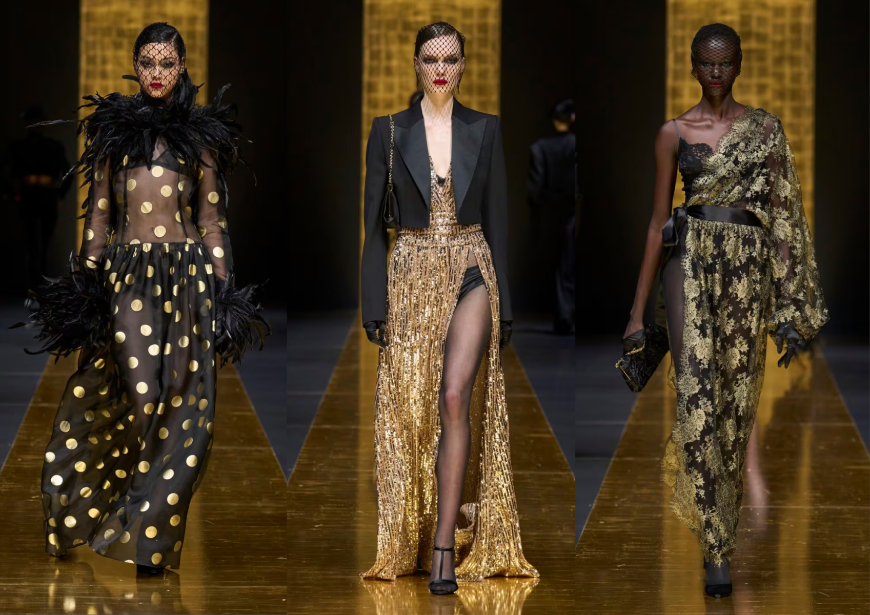 El dorado, en presentación de estampados con patrones, punteados y lentejuelas, fue el único color que se utilizó en la colección. 