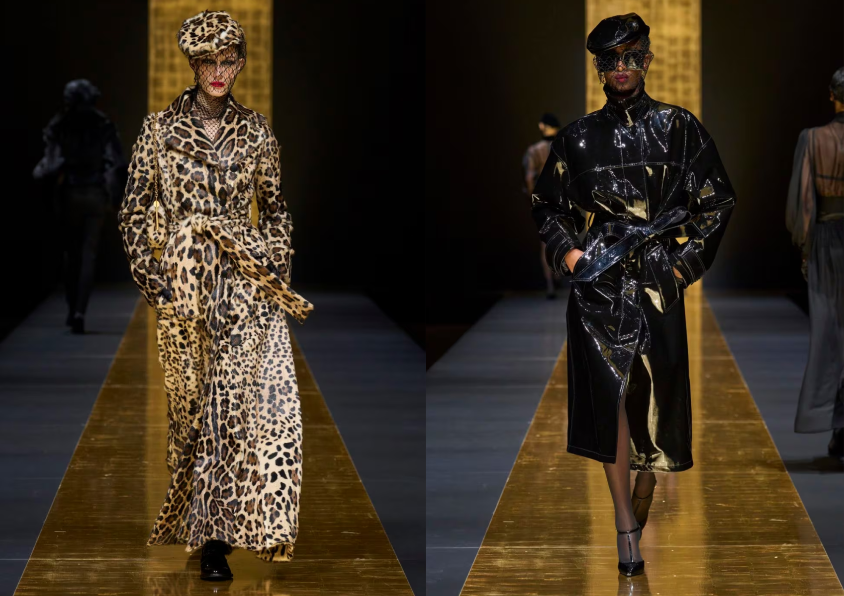 Diferentes estilos de modas en abrigos, como estampados con animal prints y de materiales como cuero reluciente, acompañados de boinas y cinturones a juego.