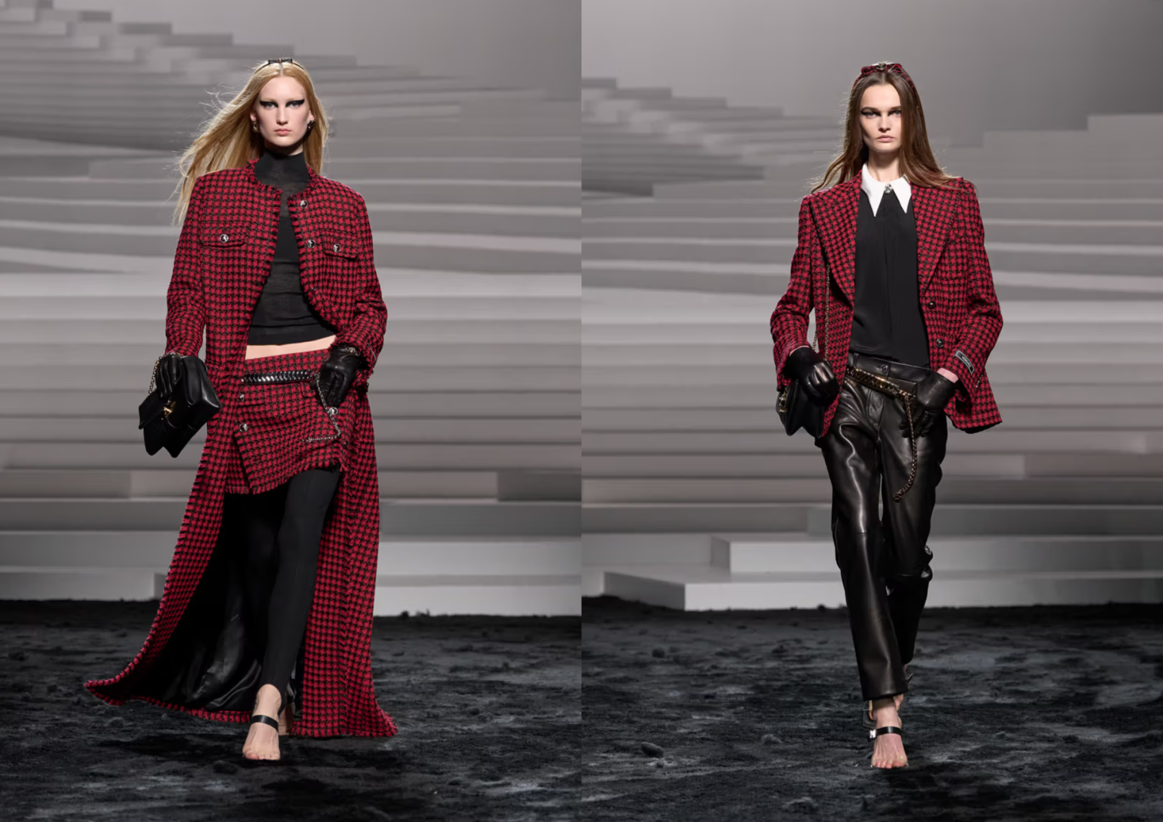 El motivo clásico cuadriculado en rojo y negro destacó en la pasarela. Con los outfits, se acompañaban accesorios como bolsos de cuero y cinturones con tachuelas y cadenas.