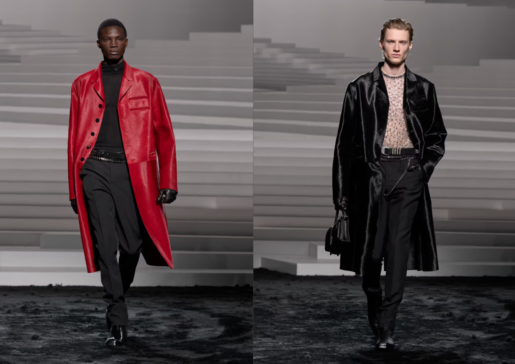 Abrigos dominantes en combinación con pantalones de vestir.