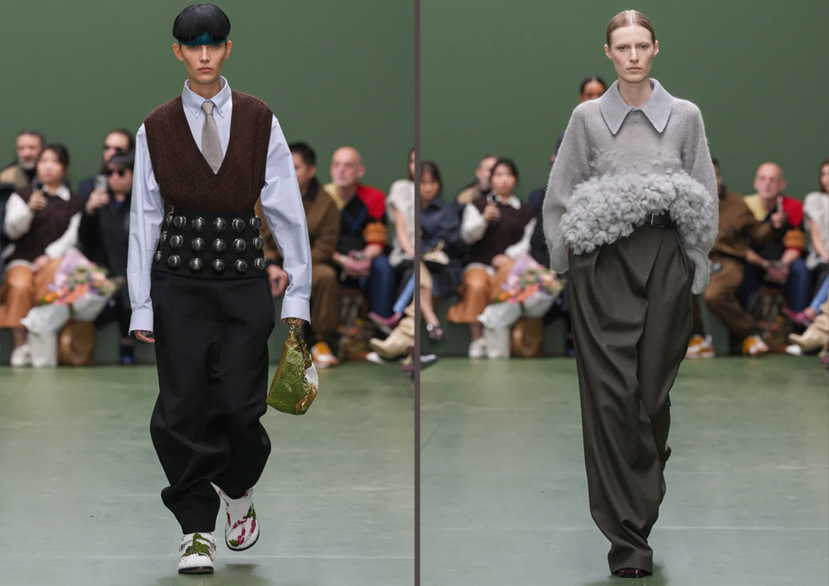 Prendas de punto con cuello y divertidos pantalones de cintura alta.