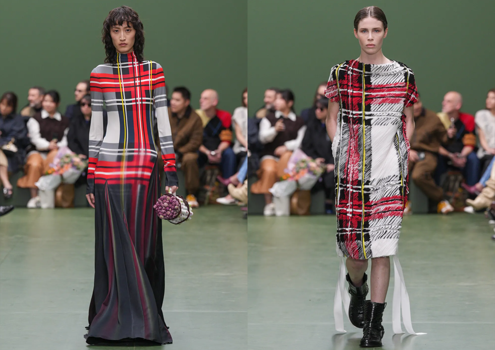 Diferentes siluetas en vestidos en estampados de tartán colorido.
