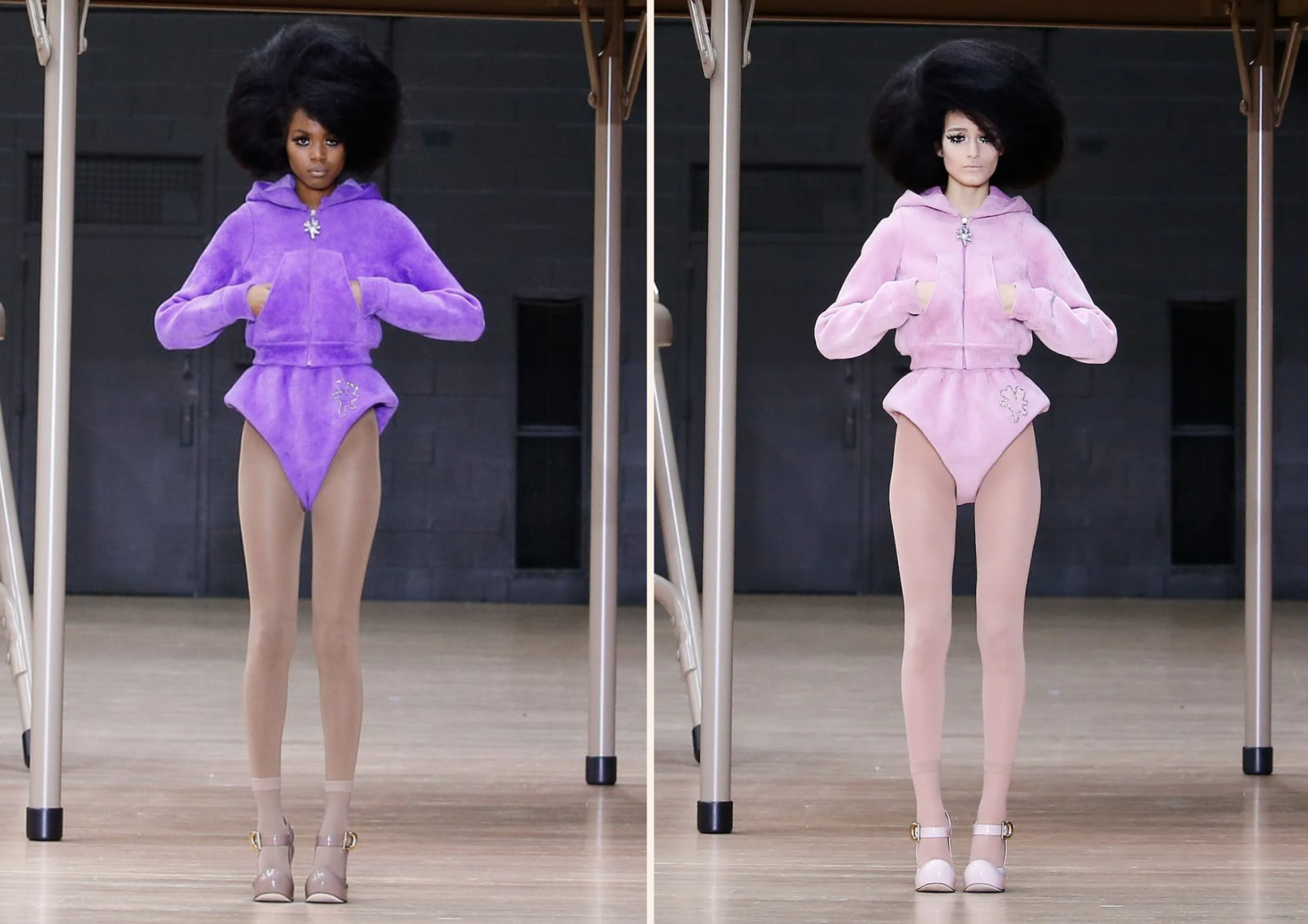 Trajes con shorts de felpa que se alejaban de las piernas, como si fuesen leotardos deportivos.