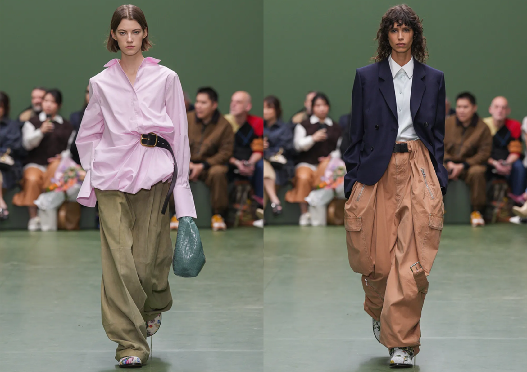 Los parachute pants, se presentan en pasarela en conjunto con camisas y prendas oversized estilizadas con cinturones. 