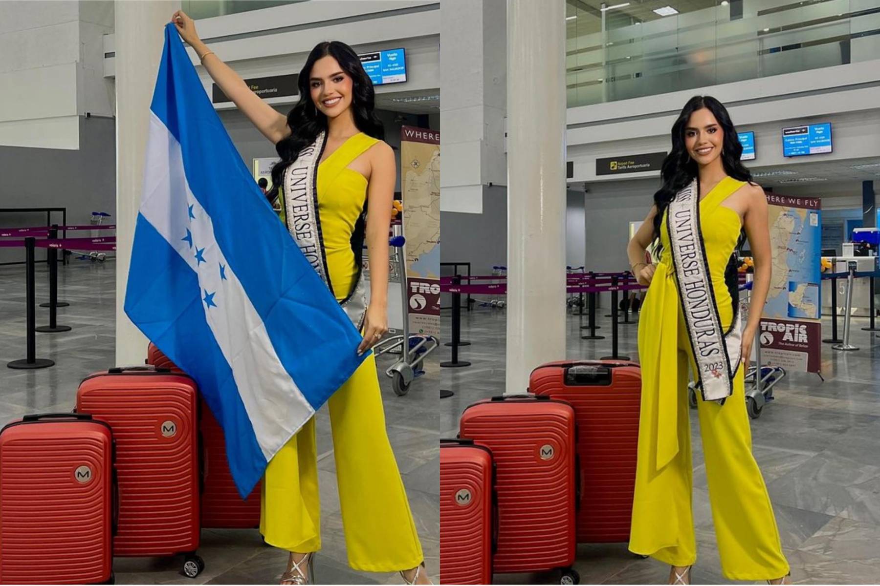 Cuando llegó a El Salvador, Zu deslumbró con su atuendo: llevaba un vibrante jumpsuit amarillo y lucía con orgullo la bandera de Honduras.