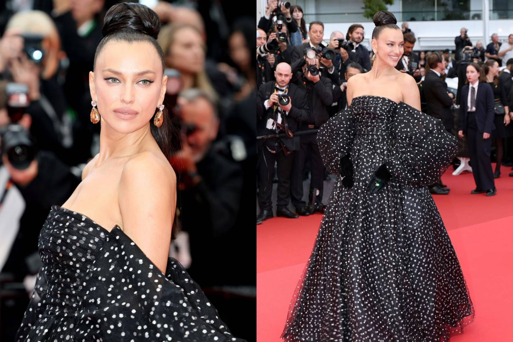 Irina Shayk asistió a la alfombra roja de la ceremonia de apertura y la proyección de “Partir Un Jour” con un black dress dot print de Armani Privé FW19 Couture.