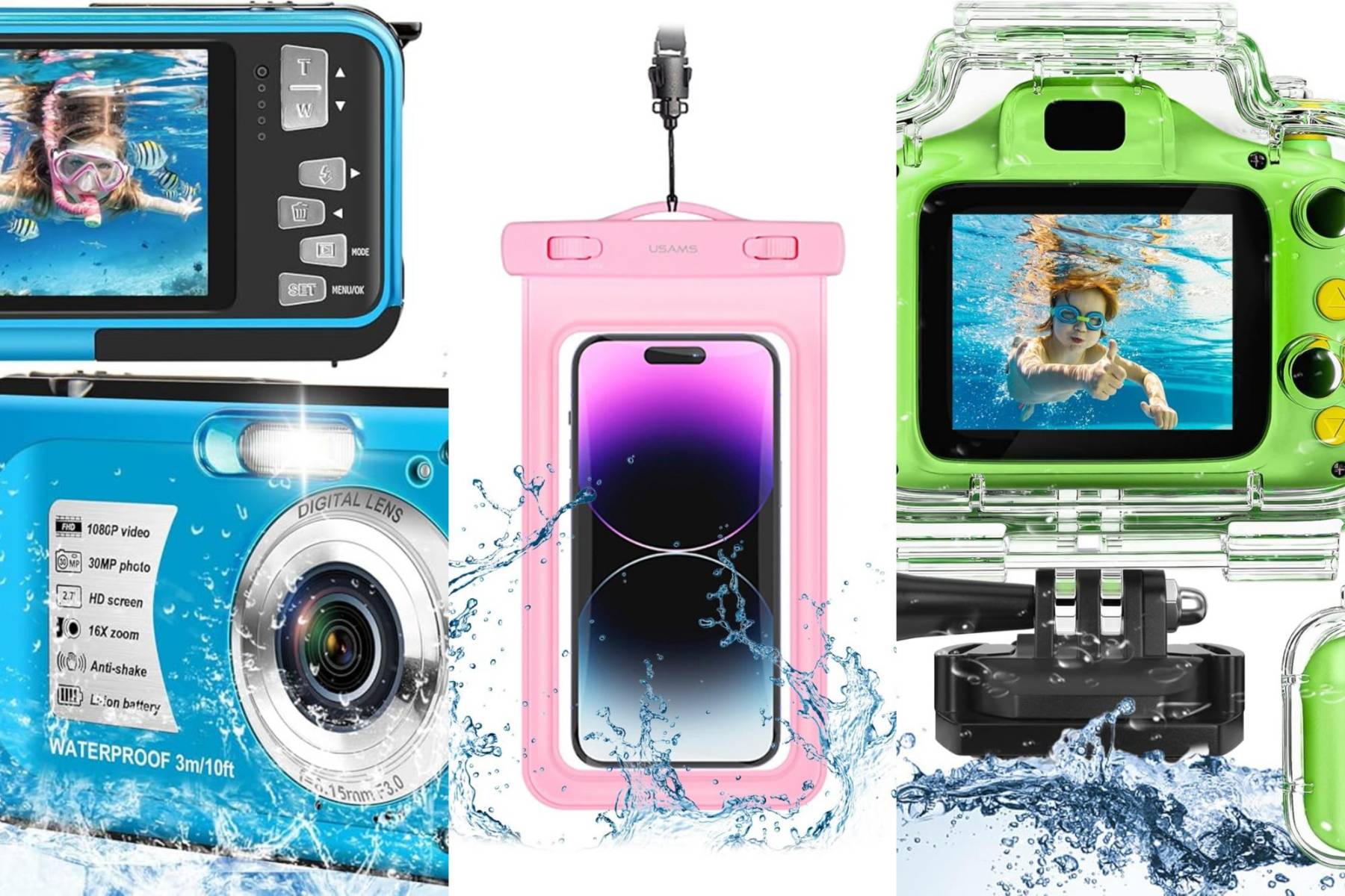 <b>Cámara resistente al agua o funda waterproof para el celular:</b> No vas a querer perderte ninguna foto bajo el agua.