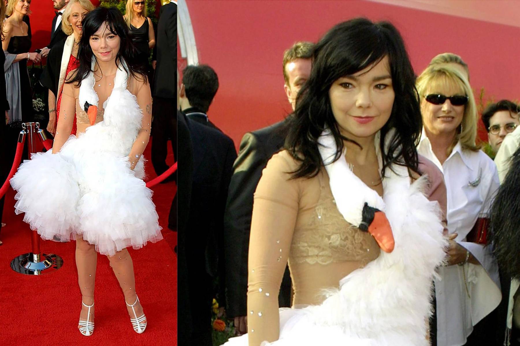<b> El vestido de cisne de Björk (2001)</b>Björk sorprendió con su excéntrico vestido de cisne, generando burlas y críticas que dividieron opiniones sobre la moda en la alfombra roja.