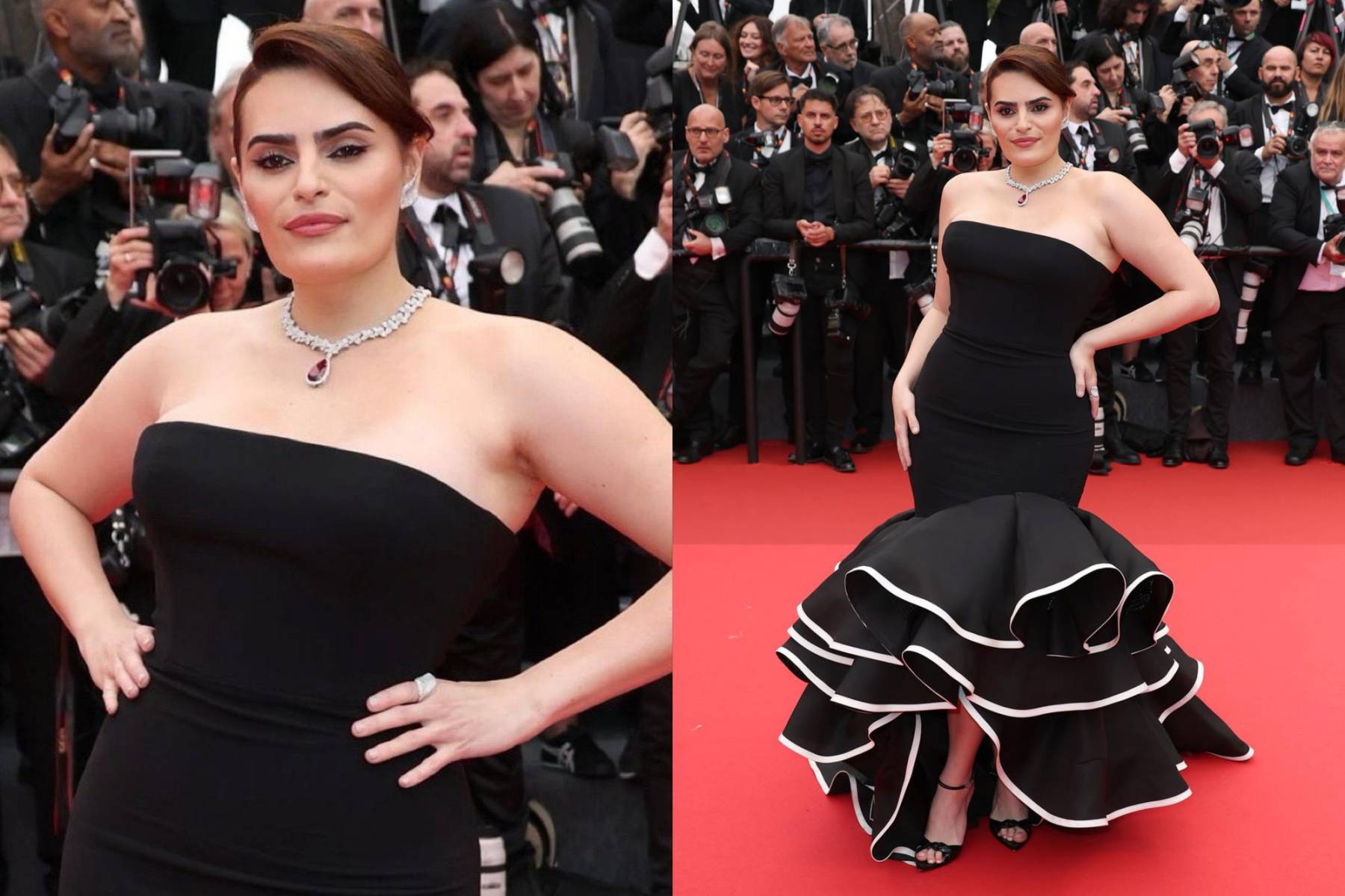 La actriz mexicana Nava Mau optó por usar un vestido negro de Carolina Herrera RE25 adornado con joyería de Bruni.