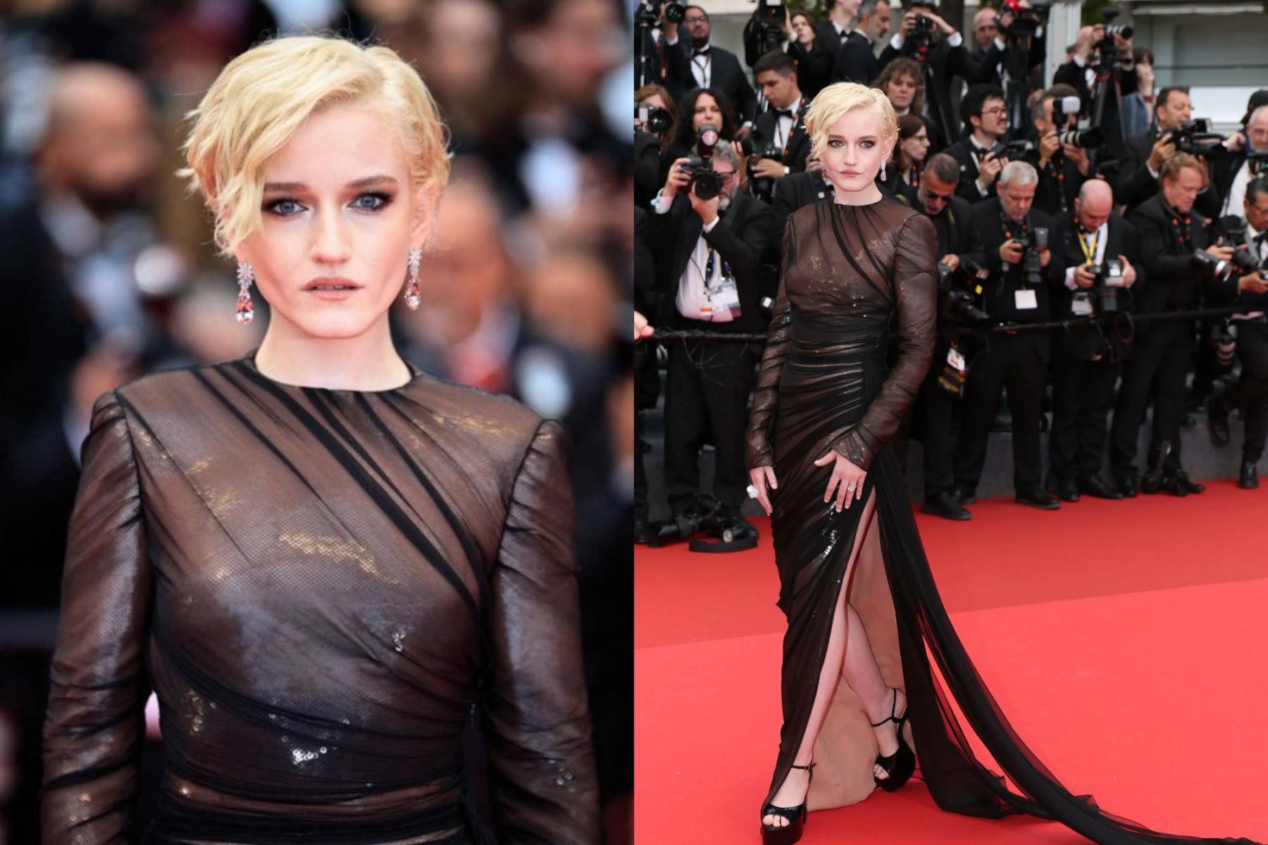 La actriz Julia Garner utilizó un vestido negro de lentejuelas Gucci y joyas de Bruni que hacían juego co su look.