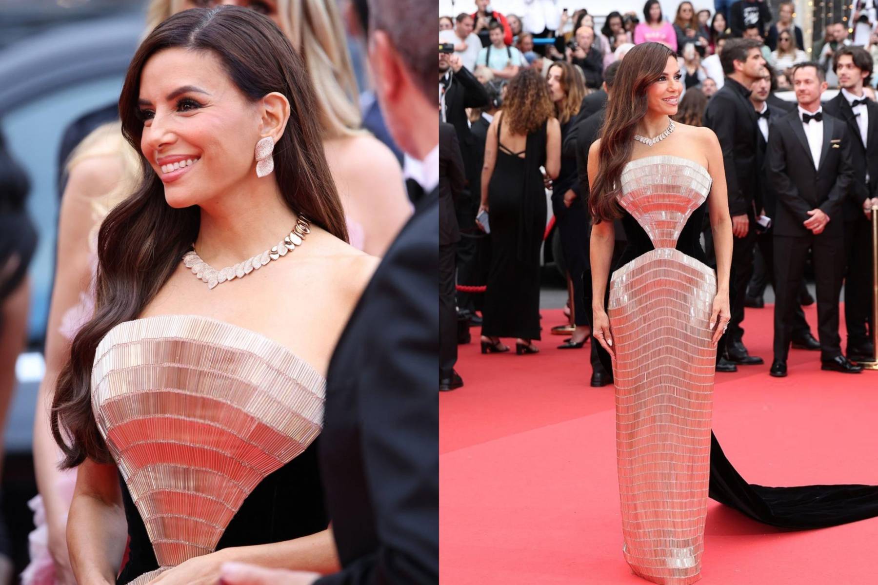 Eva Longoria con un vestido elegante de Tamara Ralph SS25 Couture y joyería de Bruni Jewelry.