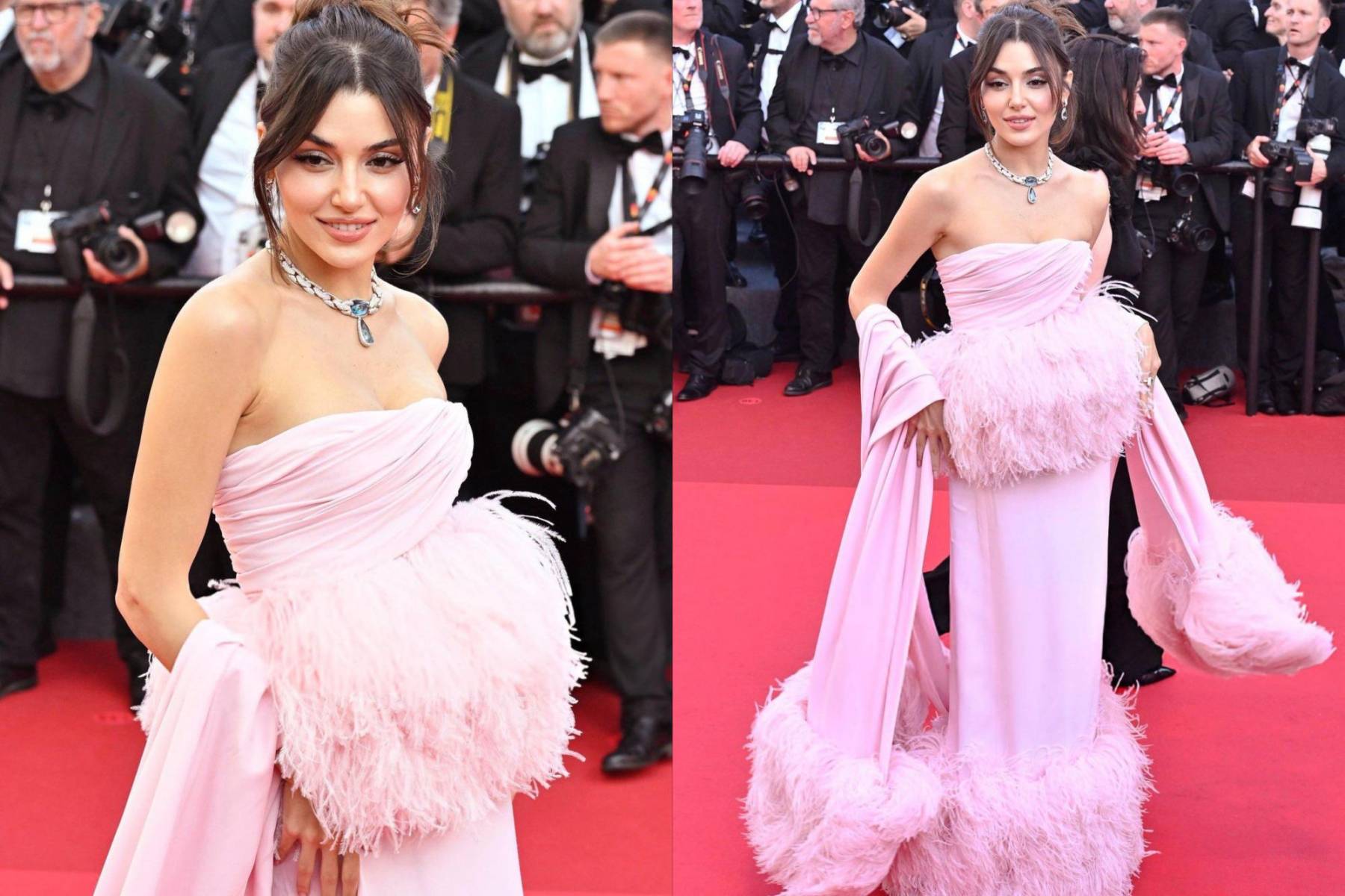 La actriz y modelo turca Hande Erçel con un vestido rosa de Giambattista Valli Paris haciendo conjunto con sus joyas de Pomellato.