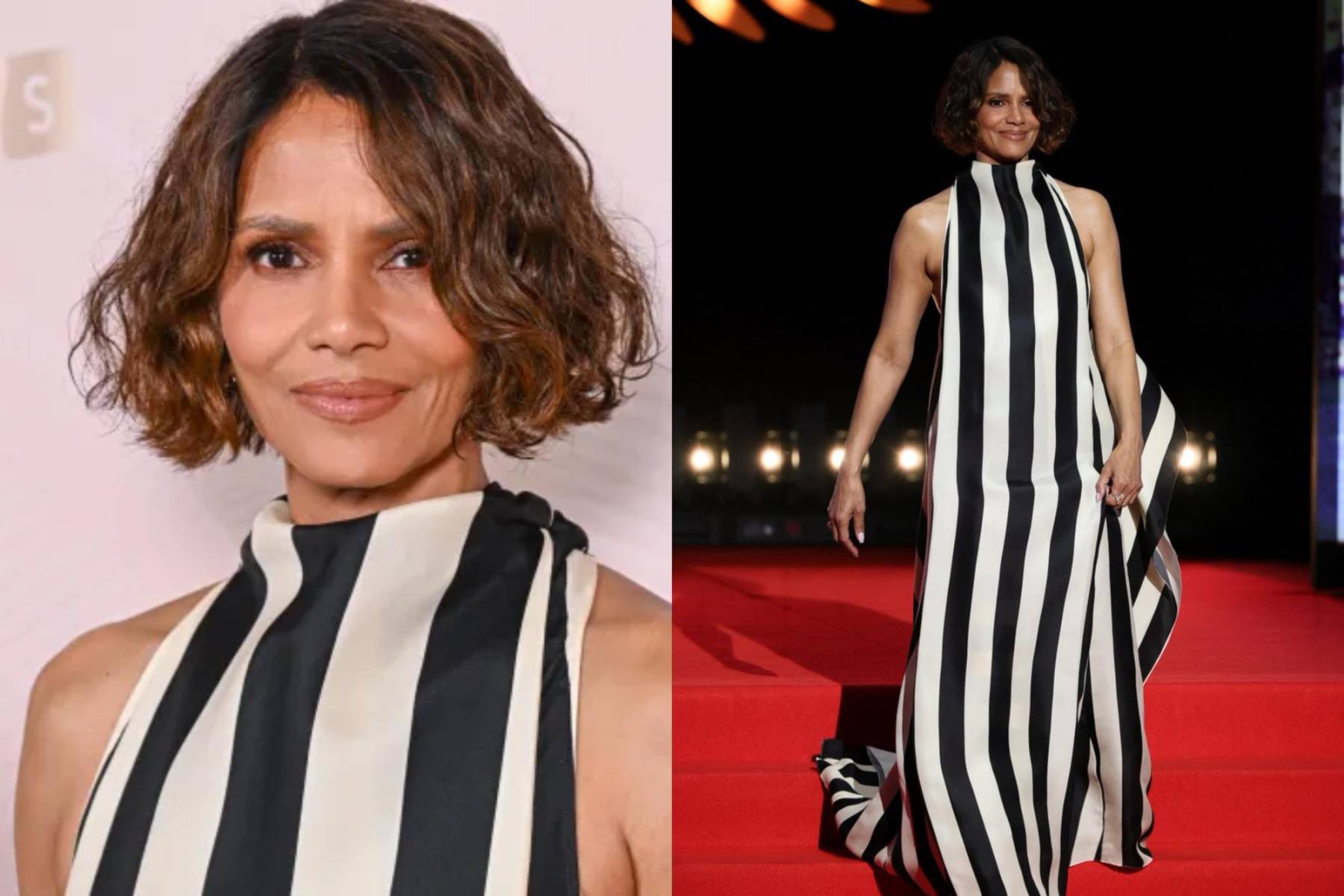 La actriz Halle Berry utilizó un vestido rayado black &amp; white de Jacquemus FW25 RTW.