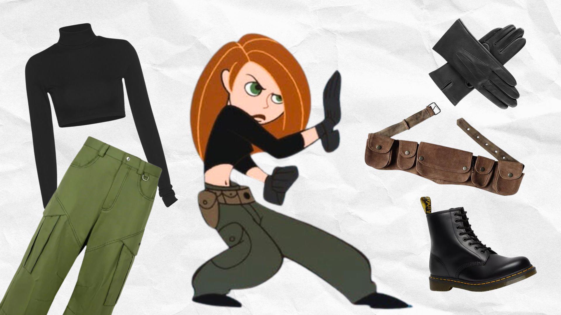 Kim PosibleSolo necesitas un pantalón cargo verde, una top negra manga larga y cuello de tortuga, botas, guantes negros y un cinturón café (puntos extra si es ancho con bolsillos). 