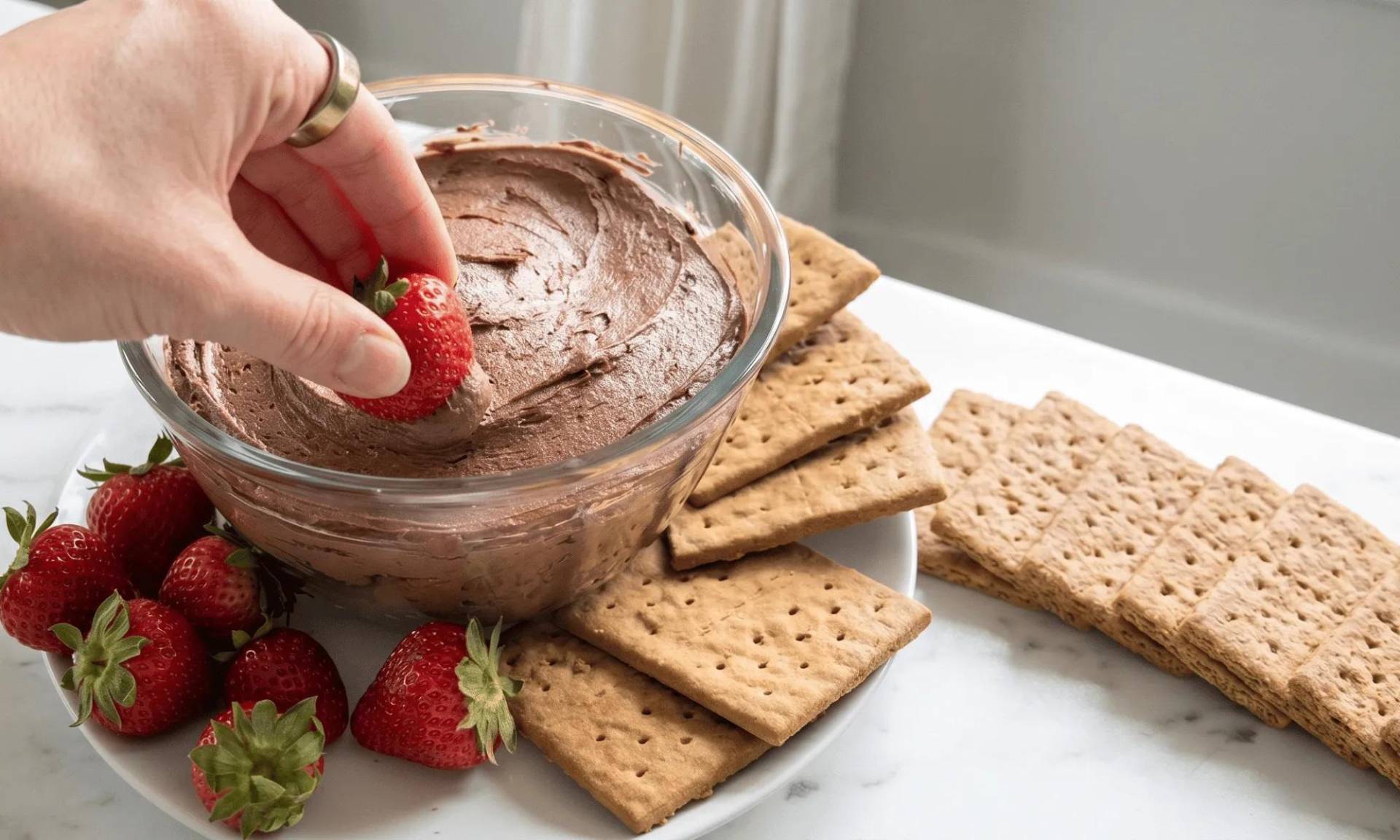 Mezcla dos cucharadas de cacao en polvo, una cucharada de maple syrup y una cucharadita de vainilla en una taza de yogur griego. El resultado será un brownie batter dip rico en proteína, ideal para tus galletas saladas, frutas, pretzels... ¡Lo que tú quieras!