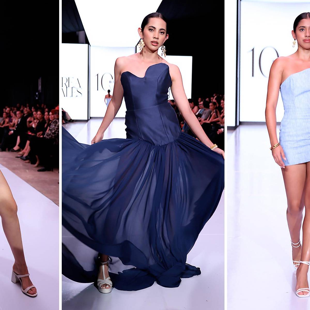 Andrea Rosales llegó a la pasarela de Bac Estilo Moda con cinco looks que juegan con la arquitectura de la prenda y la fluidez de los materiales. Desde tops masculinos y asimétricos hasta vestidos cortos y largos con varillas estratégicas, la colección combina lino, shantung, crepé y chiffon en una paleta que va del rosa al azul profundo.