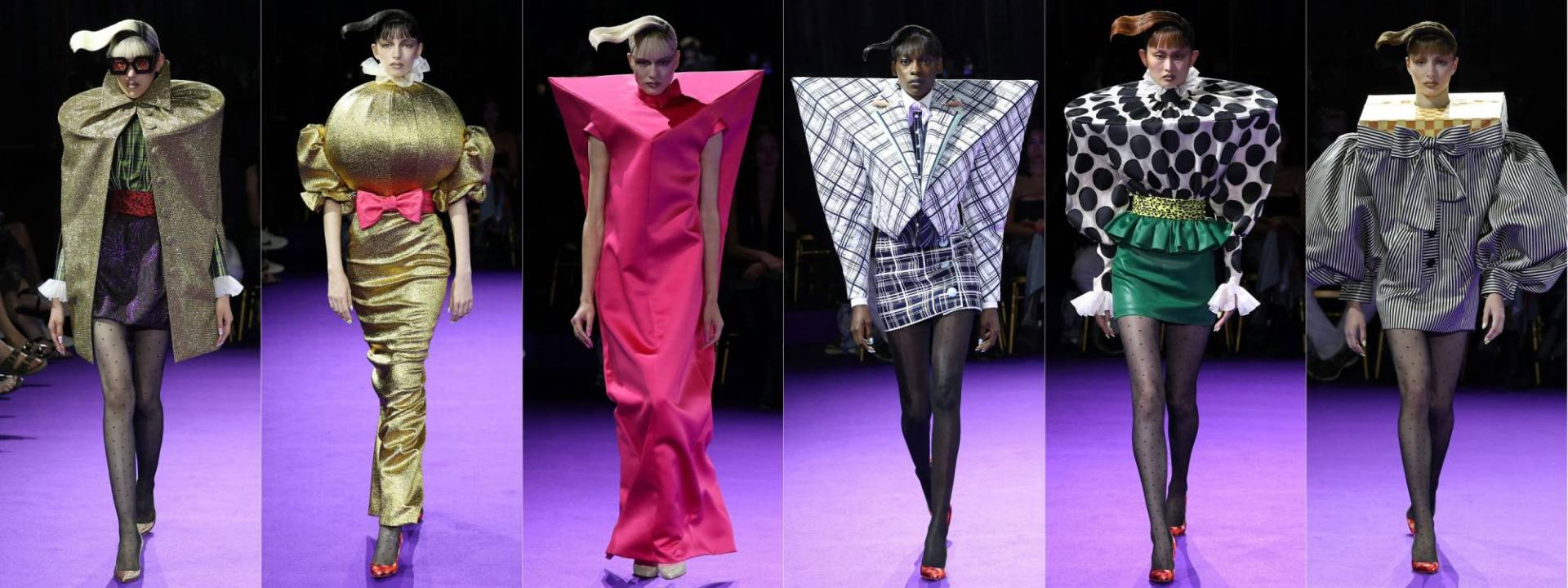 Formas geométricas en tamaños contundentes predominan en la inesperada y “absurda” colección Alta Costura Otoño Invierno 2024/25 del dúo neerlandés Viktor &amp; Rolf, que presentó sus diseños en el emblemático salón Ópera del Grand Hotel Intercontinental, donde Yves Saint Laurent solía organizar sus desfiles.