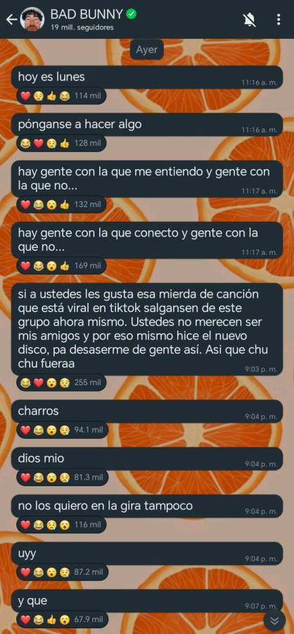 Los mensajes de Bad Bunny en su canal de Whatsapp