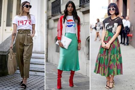 Las camisetas no solo son para looks casuales, también la puedes llevar de fiesta si le sumas una falda y un par de tacones.