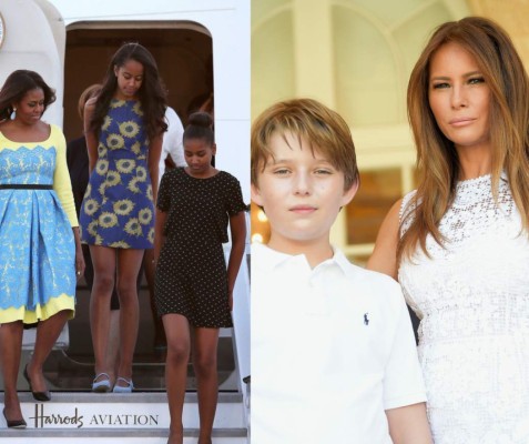 5. MICHELLE OBAMA tiene dos hijas. En 1998 nació la primera: Malia. En 2001 llegó Natasha a quien llaman Sasha. La maternidad no interrumpió su trabajo en la Universidad de Chicago como como decana asociada de asuntos estudiantiles. Tras tomarse un año sabático, Malia estudiará en la Universidad de Harvard este otoño, mientras Sasha estudia su high school.<br/><br/>MELANIA tiene un único hijo con Trump llamado Barron, a quien llama Mini Donald, ya que -según ella- el niño adora jugar al golf y usar corbatas, como su padre. Vive con sus padres en el penthouse del piso 66 en la lujosa Trump Tower, donde tiene su propio Mercedes-Benz miniatura en color rojo con placas personalizadas con su nombre y es el único de los hijos del presidente que se mudará a la residencia de la avenida de Pensilvania de Washington.<br/>