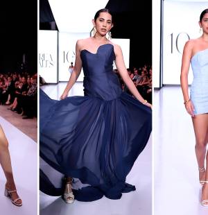 Andrea Rosales llegó a la pasarela de Bac Estilo Moda con cinco looks que juegan con la arquitectura de la prenda y la fluidez de los materiales. Desde tops masculinos y asimétricos hasta vestidos cortos y largos con varillas estratégicas, la colección combina lino, shantung, crepé y chiffon en una paleta que va del rosa al azul profundo.