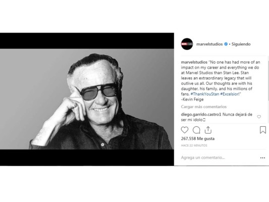 La cuenta oficial de Marvel Studios en Instagram también despidió a su patriarca: 'Nadie ha tenido más impacto en nuestras carreras y en todo lo que hacemos en Marvel Studios que Stan Lee. Stan deja un legado extraordinario que nos sobrevivirá a todos. Nuestros pensamientos están con su hija, su familia y sus millones de fans'