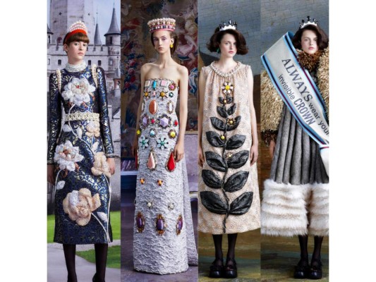 Viktor & Rolf<br/>Esta colección consiste en parecerse a las de su colección de muñecas rusas de otoño de 1999 y fajas con eslogan de la primavera de 2019. La pareja trasladó aquí su interés por los adornos con joyas, aunque en diferentes dimensiones y estilos; y de acuerdo con su dedicación a la reducción de desperdicios, muchas de las piezas son patchwork, al igual que los conceptos detrás de las prendas.<br/>