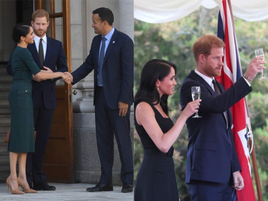 Izquierda, los duques de Sussex saludan al Primer Ministro irlandés Leo Varadkar y derecha brindan en la gala ofrecida horas más tarde en su honor