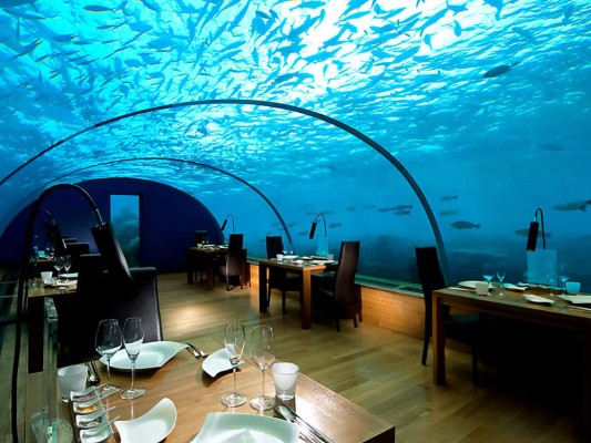 Conrad en las Maldivas, isla Rangali<br/>El primer hotel en contar con un restaurante subamrino, este se encuentra ubicado entre dos exóticas islas tropicales: Rangali y Ranglifinolhu, unidas por un puente de 500 metros.<br/><br/>