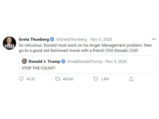 Sin embargo, el karma no perdona. Cuando Trump pidió que detuvieran el conteo en las elecciones presidenciales estadounidenses de 2020, Thunberg le contestó con las mismas palabras que él usó en ella. ''Qué ridiculez. Donald debería trabajar en su problema de control de ira y después salir a ver una película con un amigo. ¡Relájate, Donald, relájate!''. Icónica.