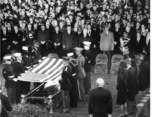 Sus restos fueron sepultados en el Cementerio de Arlington, Virginia. Después de su funeral la primera dama solicitó fuese colocada una llama eterna para su tumba y muchos creen que esto fue inspirado en la “vela en el viento” de la famosa leyenda del rey Arturo