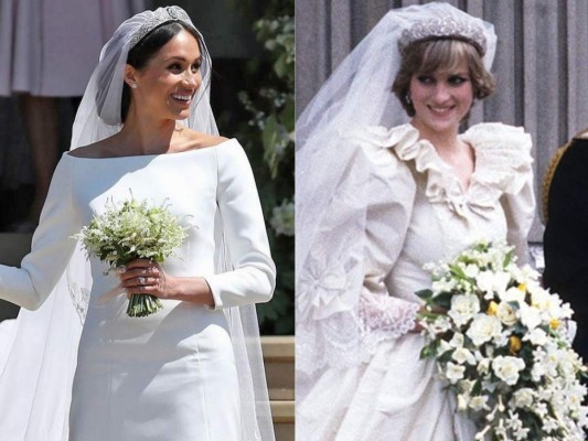 Looks de matrimonio:<br/>Hay muchas similitudes en los looks de matrimonio de Meghan y Diana. Comenzando por la cobertura de los brazos, la apertura del escote y por supuesto el statement que ambas realizaron, Meghan con el largo de su velo y Diana con el largo de la cola.