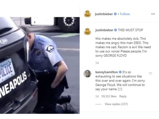 Justin Bieber<br/>ESTO DEBE PARAR<br/><br/>Esto me pone absolutamente enfermo. Esto me enfurece que este hombre murió. Esto me pone triste. El racismo es malo ¡Necesitamos usar nuestra voz! Por favor gente. Lo siento GEORGE FLOYD