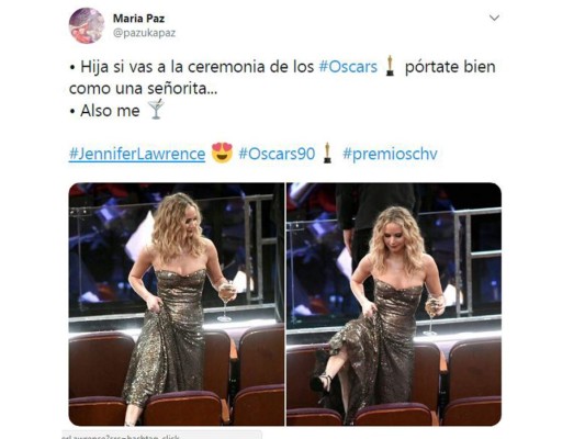 Como es de costumbre Jennifer Lawrence siendo Jennifer Lawrence en la 90a entrega de los Oscars