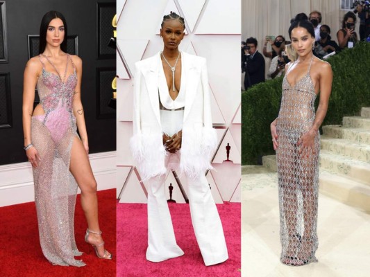Otro trend impuesto en la alfombra roja fue la de los diseños atrevidos, los favoritos de muchos, como los vestidos trasparentes y de aspecto húmedo y los cortes creativos o con el abdomen al descubierto.