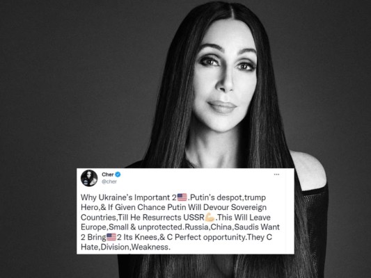 Cher: “Si tiene oportunidad, Putin devorará países soberanos, hasta que resucite a la URSS. Esto dejará a Europa pequeña y desprotegida', escribió la cantante como primer mensaje en su Twitter.