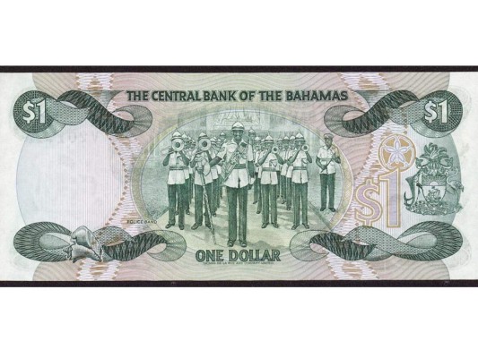 Un dólar de las Bahamas, que muestra la banda de la policía de Las Bahamas.