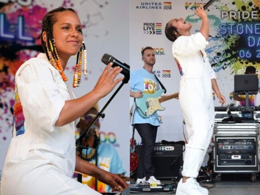 También por sorpresa apareció Alicia Keys, quien además de dedicar unas efusivas palabras a la colectividad LGBTQ también dio un pequeño concierto, la cantante, famosa por su decisión de no llevar maquillaje, llevaba un look memorable. El peinado, una compleja estructura de trenzas adornadas con cuentas de maderas con los colores de la bandera del arcoíris era un canto a la diversidad.