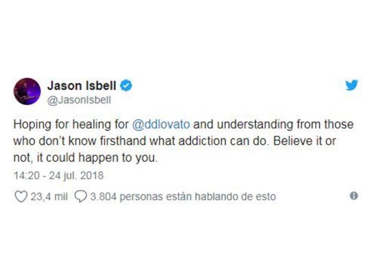 'Esperando la curación de @ddlovato y la comprensión de aquellos que no saben de primera mano lo que la adicción puede hacer. Créalo o no, podría sucederle a usted'.