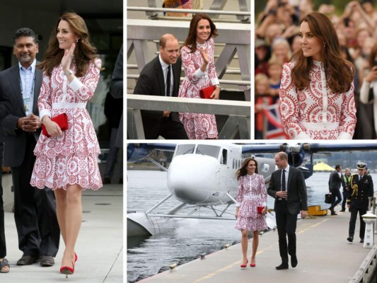 Look Día 2: Kate en un vestido en blanco y rojo de Alexander McQueen con zapatos rojos a juego con un bolso del mismo color de Miu Miu.