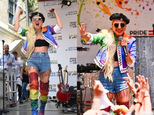 Lady Gaga encendió la manifestación donde miles conmemoraron el cincuenta aniversario del movimiento de derechos LGBT con un atuendo de Versace, exhortando a la multitud a honrar el pasado usando su 'poder' para extender y defender medio siglo de conquistas