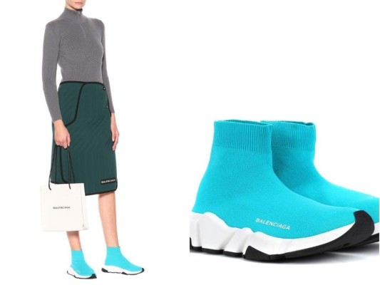 Para los más atrevidos, los tenis Speed Trainer de Balenciaga, en un tono aqua neón es de los favoritos para aquellos que buscan comodidad y no quieren pasar desapercibidos, este modelo en particular, con una construcción en forma de calcetín, esta agotado a un costo también de 465 euros y los hay en negro y verde neón.