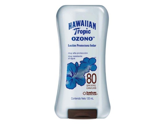 Máxima ProtecciónHawaiian Tropic Ozono SPF 80Contiene una fórmula enriquecida con exóticos extractos de frutos y flores y combina además las vitaminas A, C, E y Aloe para ayudar a prevenir el envejecimiento prematuro de la piel. Es resistente al agua, se absorbe rápidamente y ofrece máxima protección con fórmulas de amplio espectro.