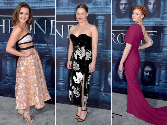 Maisie Williams, Emilia Clarke y Sophie Turner, tres de las protagonistas de Juego de Tronos durante el estreno de la sexta temporada en el Teatro Chino en Los Angeles