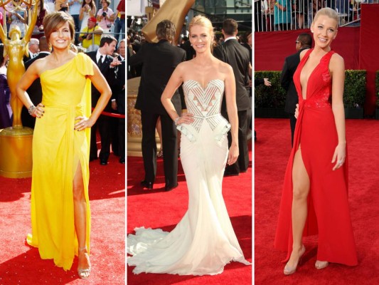 Mariska Hargitay en Carolina Herrera (2008), January Jones en Versace(2009) y Blake Lively en Versace (2009)