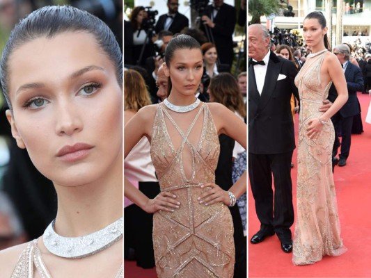 Bella Hadid en un vestido color nude by Cavalli Couture y joyas De Grisogno