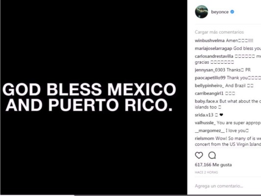 Beyoncé fue una de las más preocupadas y envío plegarias por México y Puerto Rico que se encuentra en riesgo por el huracán María de categoría cinco