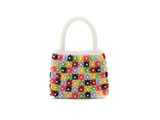 Bolso tote 'Avery' con dos asas superiores detalladas en perlas, un diseño floral multicolor con cuentas